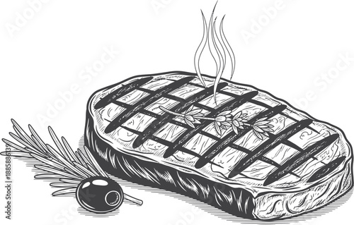 A detailed hand-drawn illustration depicting a freshly grilled steak with sprigs of rosemary and a single olive on a white background