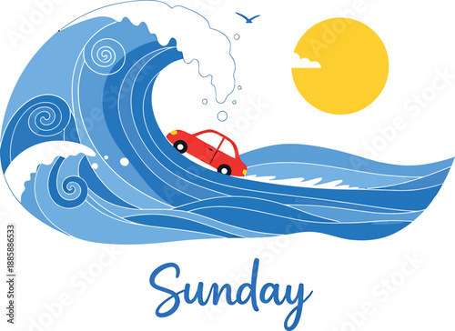 A stylized illustration of a red car riding a massive blue wave under a bright yellow sun, capturing the spirit of a sunday adventure.