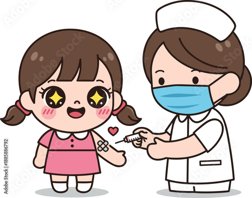 Cute cartoon nurse giving vaccination to happy little girl, child immunization concept, healthcare safety, pediatric medical illustration