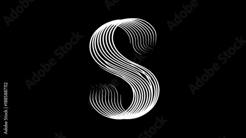 Fluid Motion White Line Letter S on Black Background. Elegant Abstract Typographic Alphabet Element