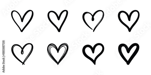Hand drawn black ink heart sketches and minimalist vector love doodles