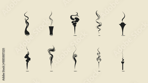 Collection of stylized smoke and steam vector illustrations. Abstract aroma, heat, and vapor plumes graphic design elements.