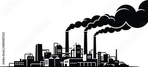 Industrial factory skyline with smokestacks, heavy air pollution concept illustration, toxic emissions, climate change and environmental contamination vector