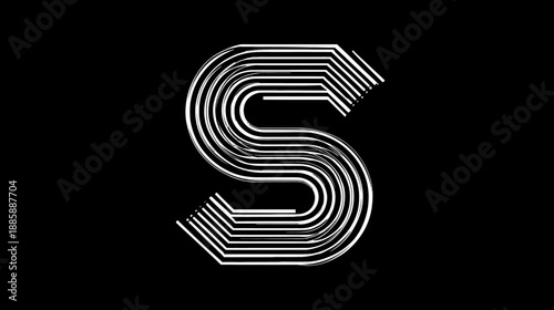 Abstract stylized letter S graphic design with parallel white lines on a black background, modern monochromatic typography element.