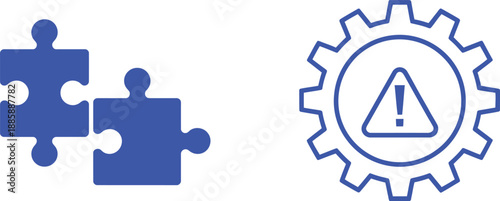 Blue puzzle pieces and gear with exclamation mark cogwheel