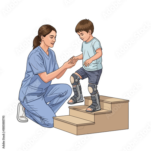 Physiotherapist assists boy wearing leg braces with walking stairs