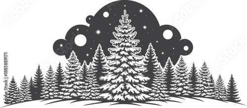 A beautiful vintage illustration of a winter forest landscape at night with pine trees under a starry sky