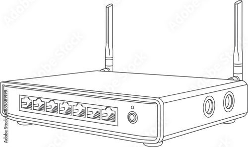 A detailed line drawing illustration of a wireless network router with multiple ethernet ports and two antennas