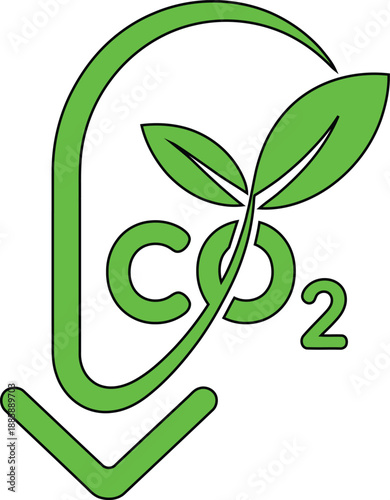 Green C O2 reduction symbol with leaves and down arrow