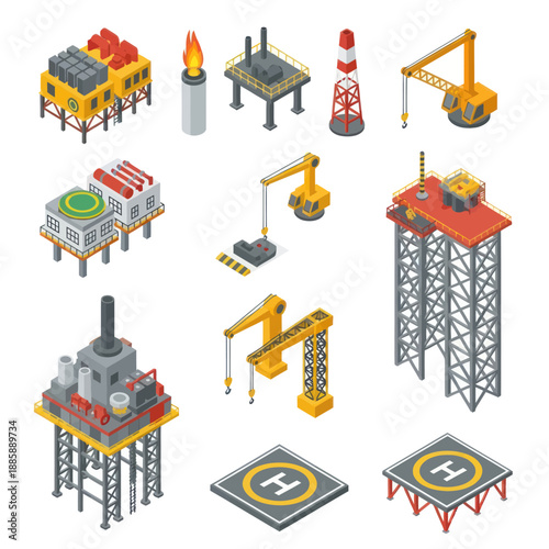 Oil Rig and Drilling Equipment Icons Set.