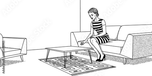 Retro comic style illustration of woman sitting on couch in living room with mid century furniture