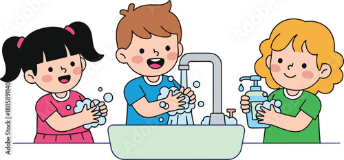 Cute cartoon children washing hands with soap at sink, kids hygiene education concept, happy boys and girls practicing clean habits