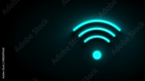Neon blue wifi signal icon with glowing lines on a dark background, representing connectivity, technology, and wireless internet access for modern lifestyles.