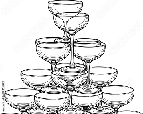 Champagne glasses stacked in a pyramid tower for celebration