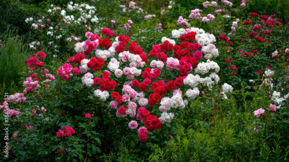 Naklejka premium Red and white roses arranged in heart shape garden bed surrounded by green foliage 