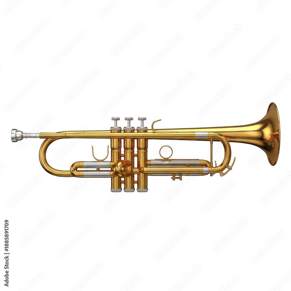 Obraz premium Golden brass trumpet isolated on white, professional wind instrument for jazz and classical music, shiny metallic trumpet with valves and mouthpiece
