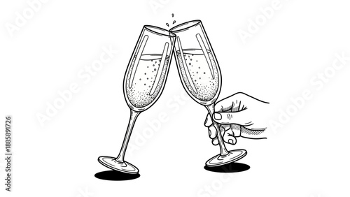 Two champagne flutes toasting with sparkling liquid and bubbles, one held by a hand