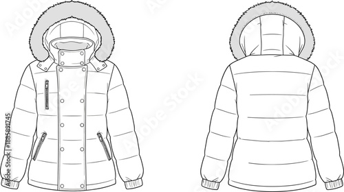 Winter padded jacket technical drawing,cad drawing front and back view, hooded puffer coat fashion flat, black line vector illustration