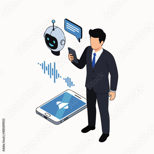 Isometric businessman interacting with AI chatbot via smartphone, representing voice assistant technology, digital innovation, and future business communication.