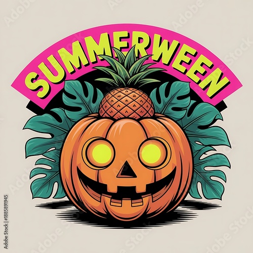 Spooky summerween pumpkin with pineapple and tropical leaves