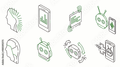 Isometric line icons set depicting artificial intelligence, data analysis, mobile technology, virtual reality, and human-computer interaction concepts on white background.