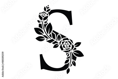 Black letter S decorated with floral design and roses  elegant typography element