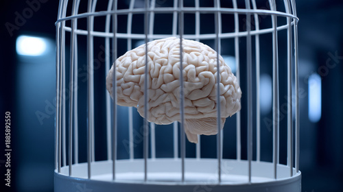 human brain in cage concept of trapped mind and mental health. caged brain metaphor for stress psychology control and neuroscience. creative concept brain locked in cage mental limitation and freedom