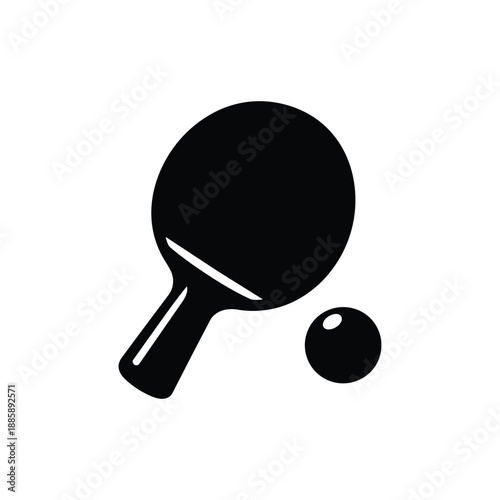 Black and white table tennis paddle and ball simple sport vector icon illustration