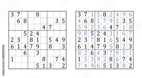 Sudoku game. Medium level with solution. Logic game, riddle, math. Vector on white background