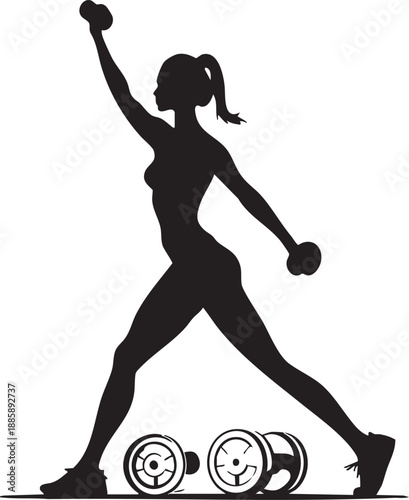 Woman exercising with dumbbells and weights in a dynamic fitness pose