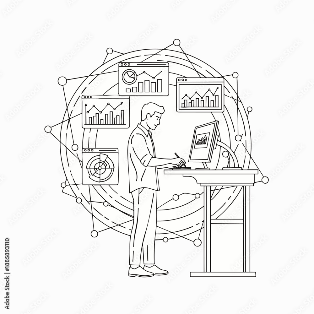 Fototapeta premium Man working on computer with data charts and analytics, representing business growth and technology in a modern office setting.