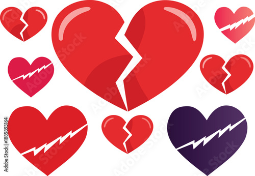 vector illustration of a set of broken hearts
