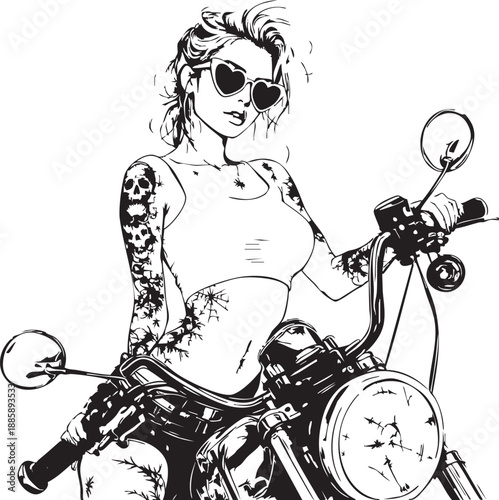Tattooed woman wearing heart shaped sunglasses sitting on a motorcycle with skull tattoos
