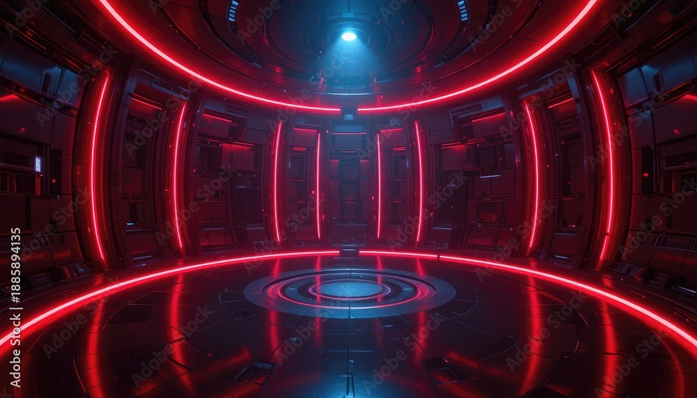 Fototapeta premium Futuristic circular chamber with red neon lights and blue spotlight