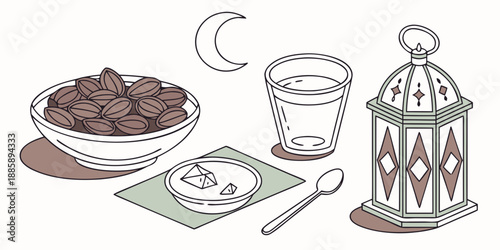 Iftar meal items with dates, water, dessert, and a fanoos lantern for ramadan celebration