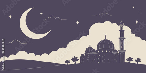 Peaceful mosque silhouette at night with a large crescent moon and twinkling stars