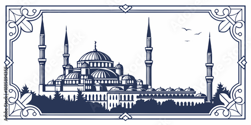 Iconic mosque silhouette with minarets and domes framed in an elegant traditional border