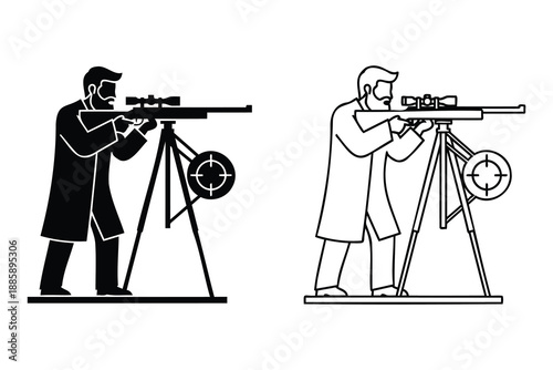 Two men aiming rifles with scopes on tripods in black and white line art illustrations side by side