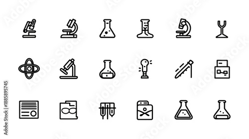 Science and Chemistry Line Icons Set. Laboratory Equipment, Research, Experiment, and Education Flat Vector Symbols