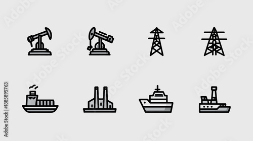 Set of industrial icons depicting oil exploration, energy transmission, cargo shipping, and factory operations in a modern line art style.