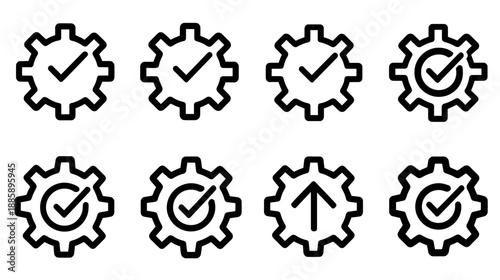 Set of gear icons with checkmarks and an up arrow. Line art symbols for system settings, process completion, success, and updates.