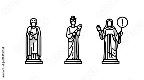 Minimalist line art vector icons of historical and religious statues: a saint, a crowned monarch, and a warning figure.