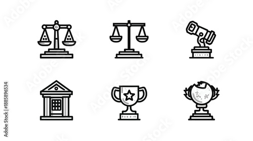 Vector icons for law, justice, and achievement featuring scales, gavel, courthouse, and champion trophies.