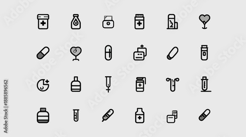 Medical and healthcare line icons vector set. Pharmacy, hospital, medicine, drug, treatment, health, and clinic symbol illustrations.