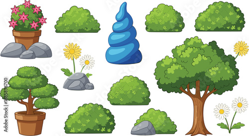 Set of cute cartoon garden plants featuring green bushes leafy tree flower pots daisies and decorative blue topiary on white background