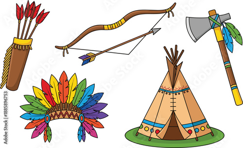 Set of cute cartoon Native American cultural items featuring a traditional teepee tent feathered headdress bow and arrow quiver and tomahawk
