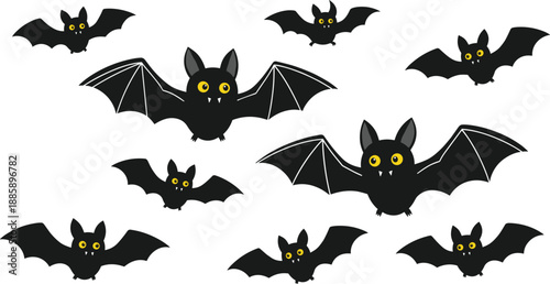 Set of cute cartoon black bat characters with yellow eyes and fangs flying in different positions isolated on white background for Halloween