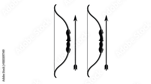 Minimalist depiction of three bows and arrows in black silhouette