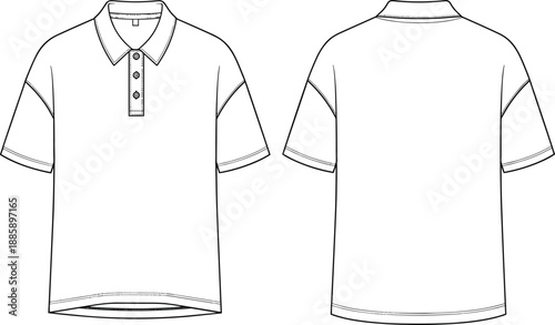 Men polo shirt technical drawing, front and back view, fashion line art, clothing template vector, isolated white, cad illustration design