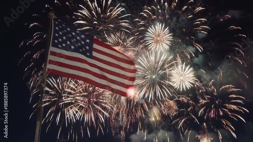 United States Flag and Fireworks – Patriotic Celebration in the Night Sky